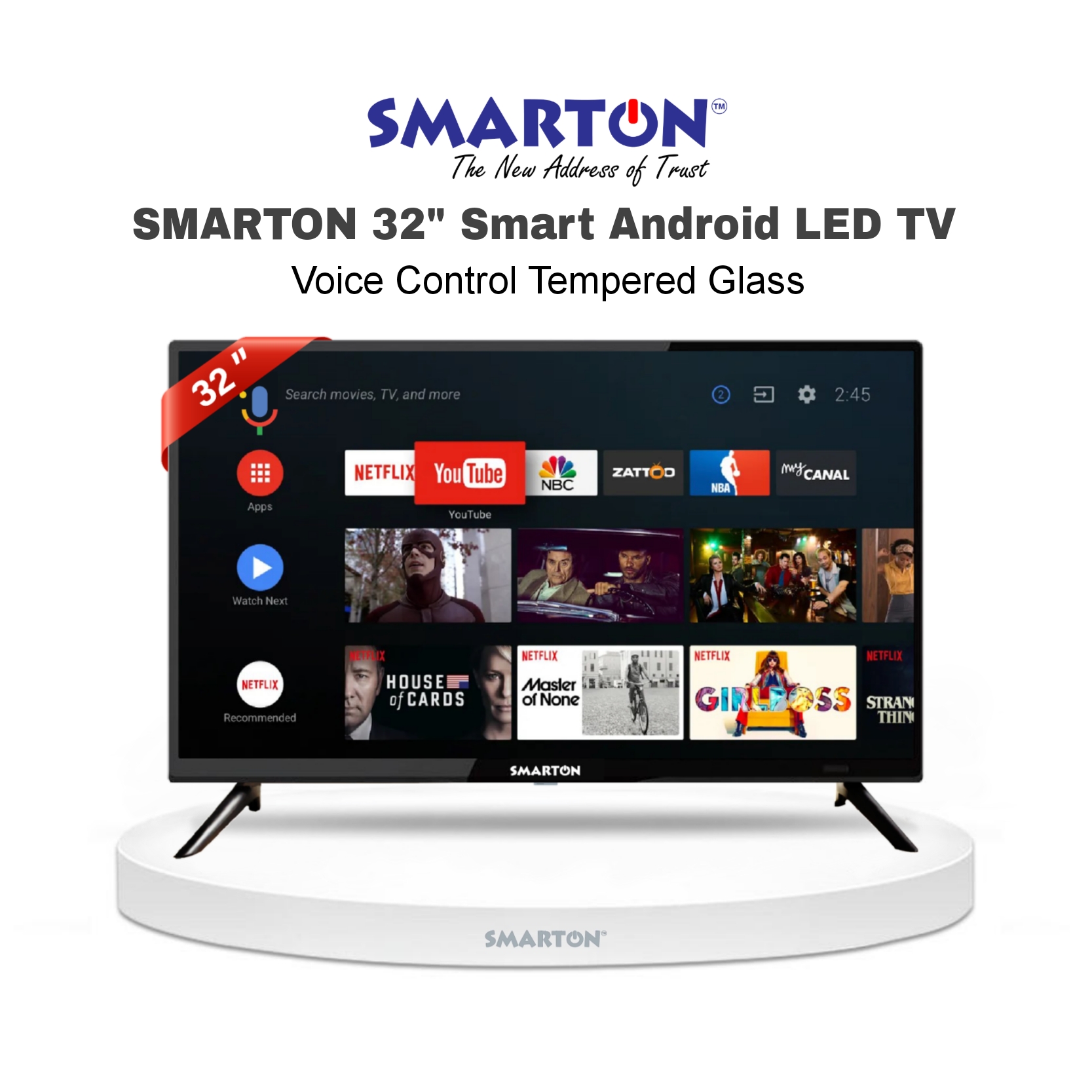 SMARTON 32” SMART VOICE CONTROL DOUBLE GLASS LED TV (MODEL-SM32VSDG26)